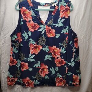 Skies Are Blue Floral Blouse Women 2XL Navy Red Sleeveless VNeck Top Flowy  Cool
